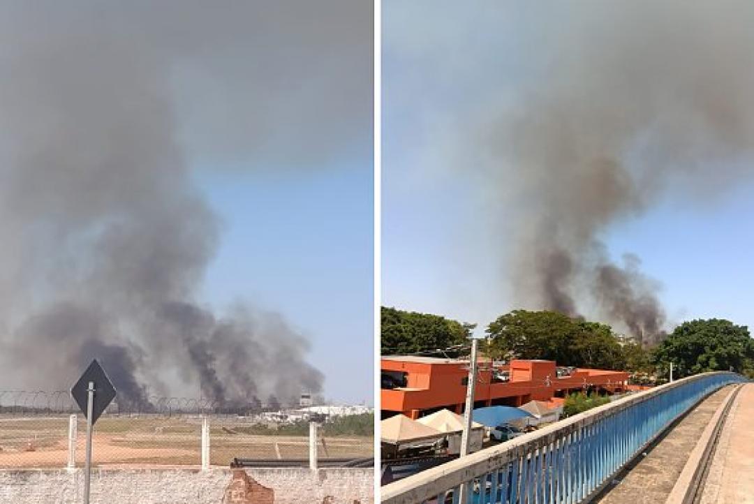 Incêndio de grandes proporções atinge vegetação perto do Aeroporto Marechal Rondon