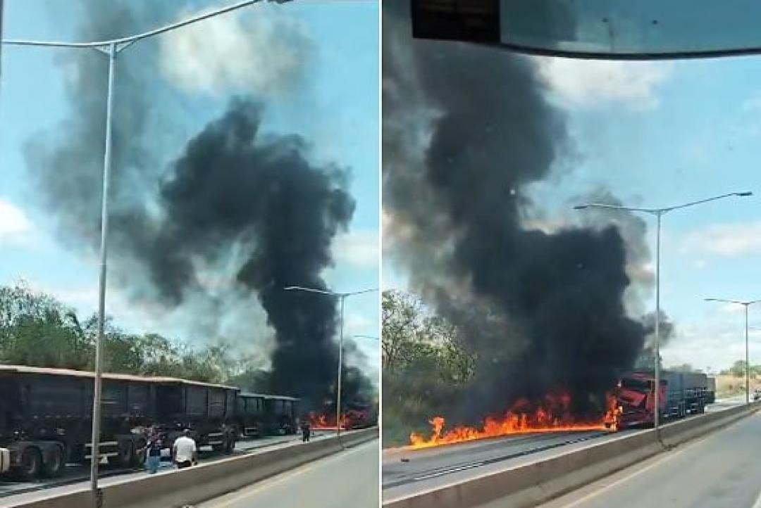 Carreta bate na traseira de outra e pega fogo na BR-070, em Cuiabá