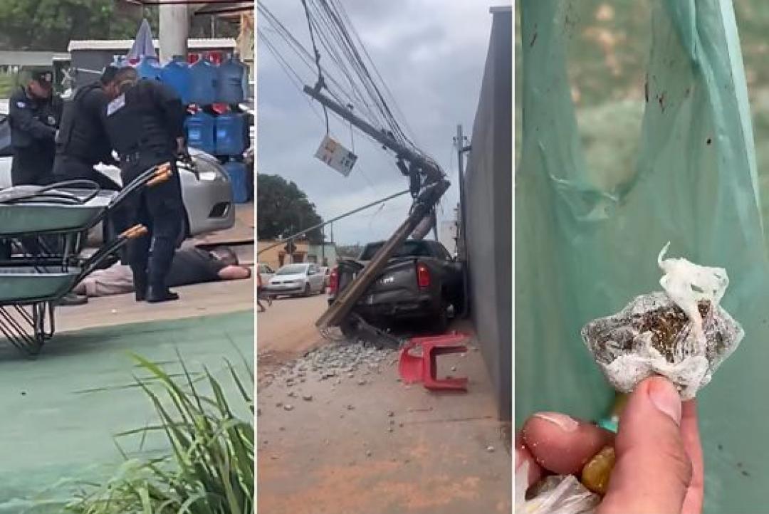 RAM derruba poste, invade casas e motorista é preso com drogas em Cuiabá; veja vídeos