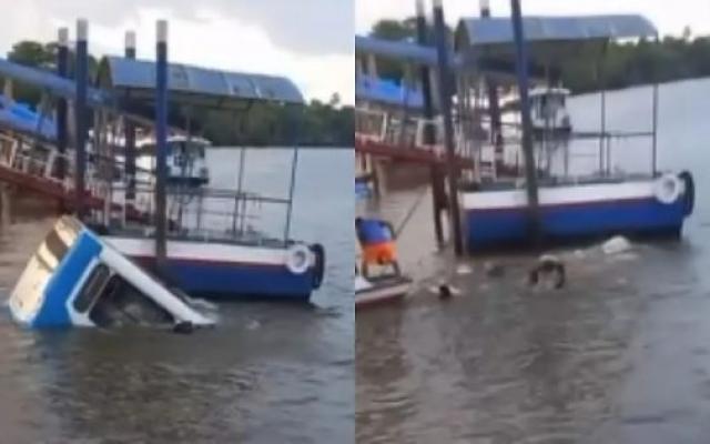 Ônibus cai em rio com passageiros após perder controle em porto no Pará; vídeo