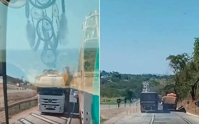 Vídeo flagra carreta sem freio descendo desgovernada na BR-364