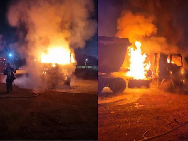 Carreta bitrem pega fogo em Rondonópolis e cabine é destruída pelas chamas; veja vídeo