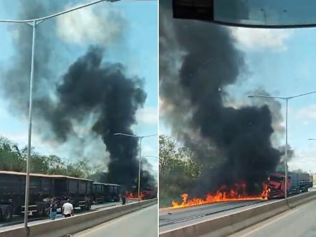 Carreta bate na traseira de outra e pega fogo na BR-070, em Cuiabá