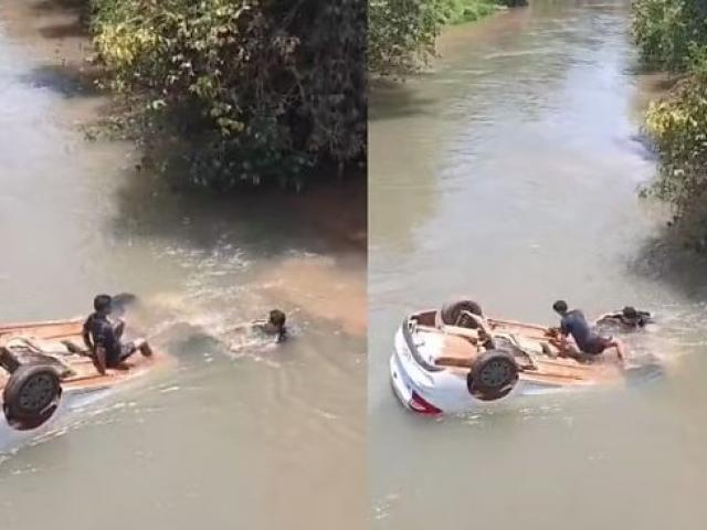 Bebê de 1 ano e meio é salvo por populares após carro cair de ponte; criança está intubada em hospital