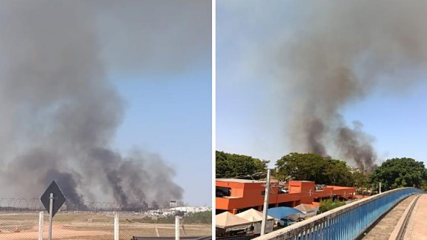 Incêndio de grandes proporções atinge vegetação perto do Aeroporto Marechal Rondon